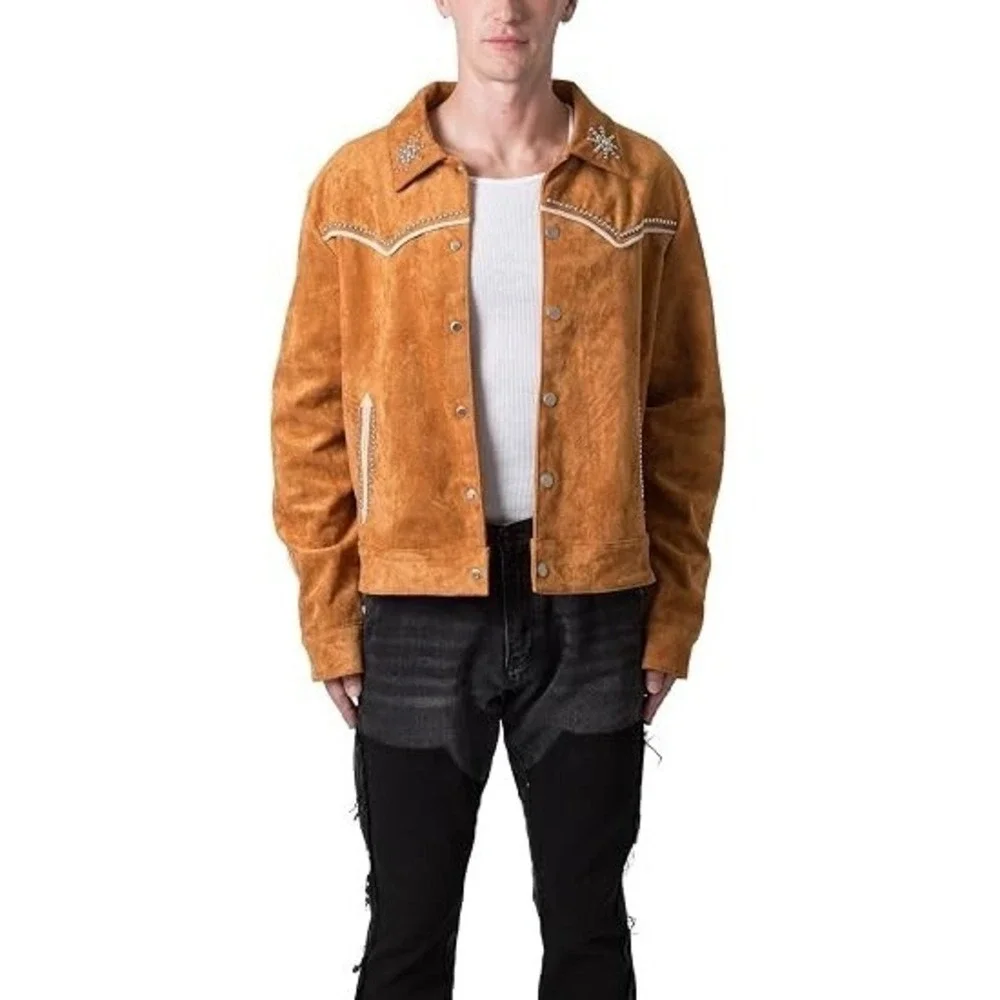 MNML Suede Collared Jacket Mens Size Medium Studded Pipping Yokes  NEW